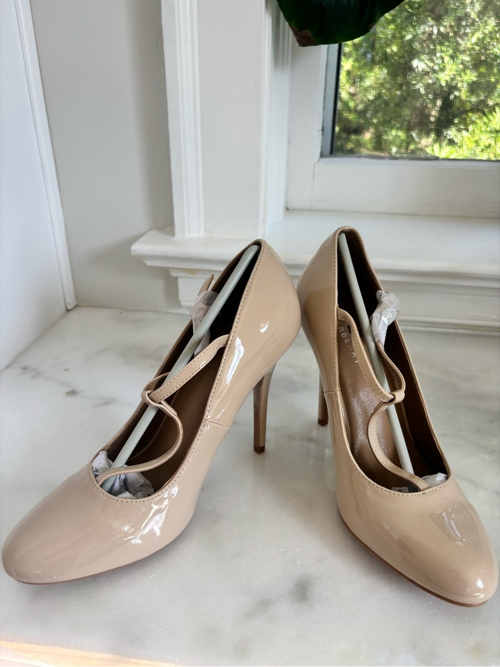 Nude Patent Leather T-Strap High Heel Pumps